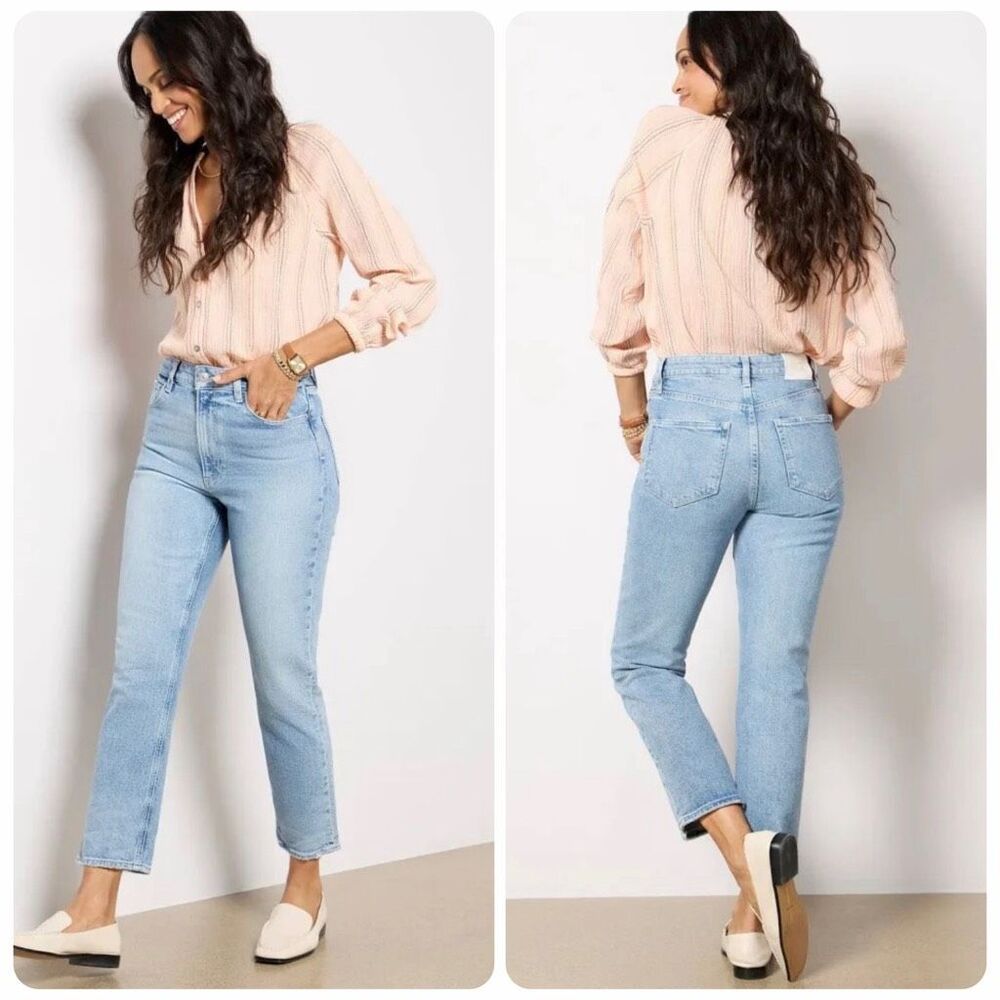 PAIGE $249 Billy Crop High Rise Straight Crop Distressed Vintage Denim Jeans 33